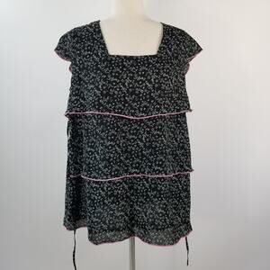 Maternity Announcements Black Cream Pink Tiered Ruffle Tie Waist Top Size Medium